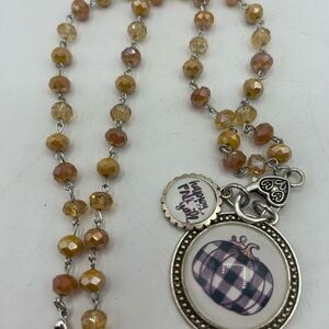 Fall Themed Beaded Necklace with Charms “Happy Fall Y’all” Pumpkin Pendant 21”